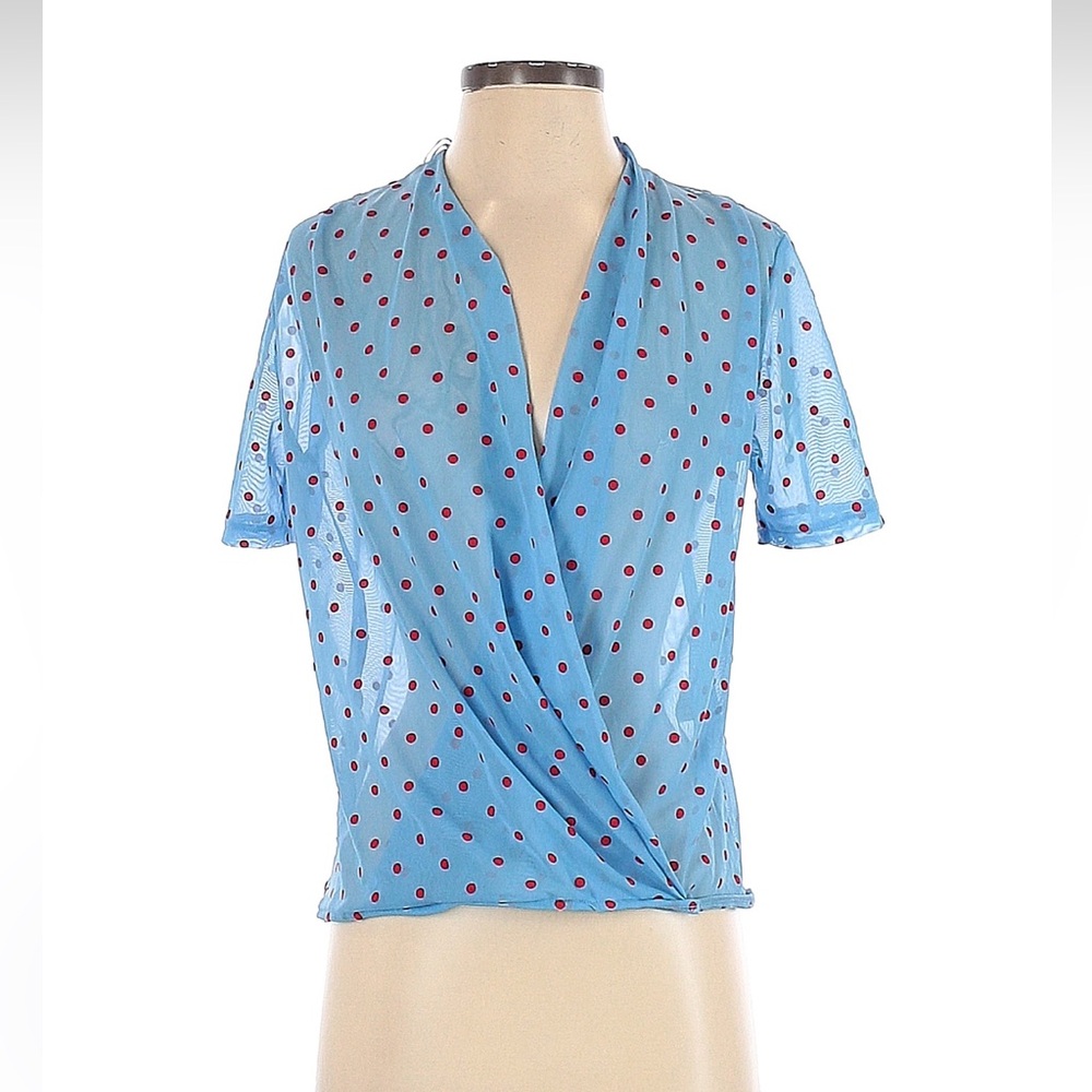 Zara Light Blue Short Sleeve Polka Dot Wrap Top